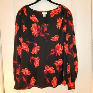 NWOT Ava & Viv 1X Black Red Floral Blouse, VNeck, balloon sleeves